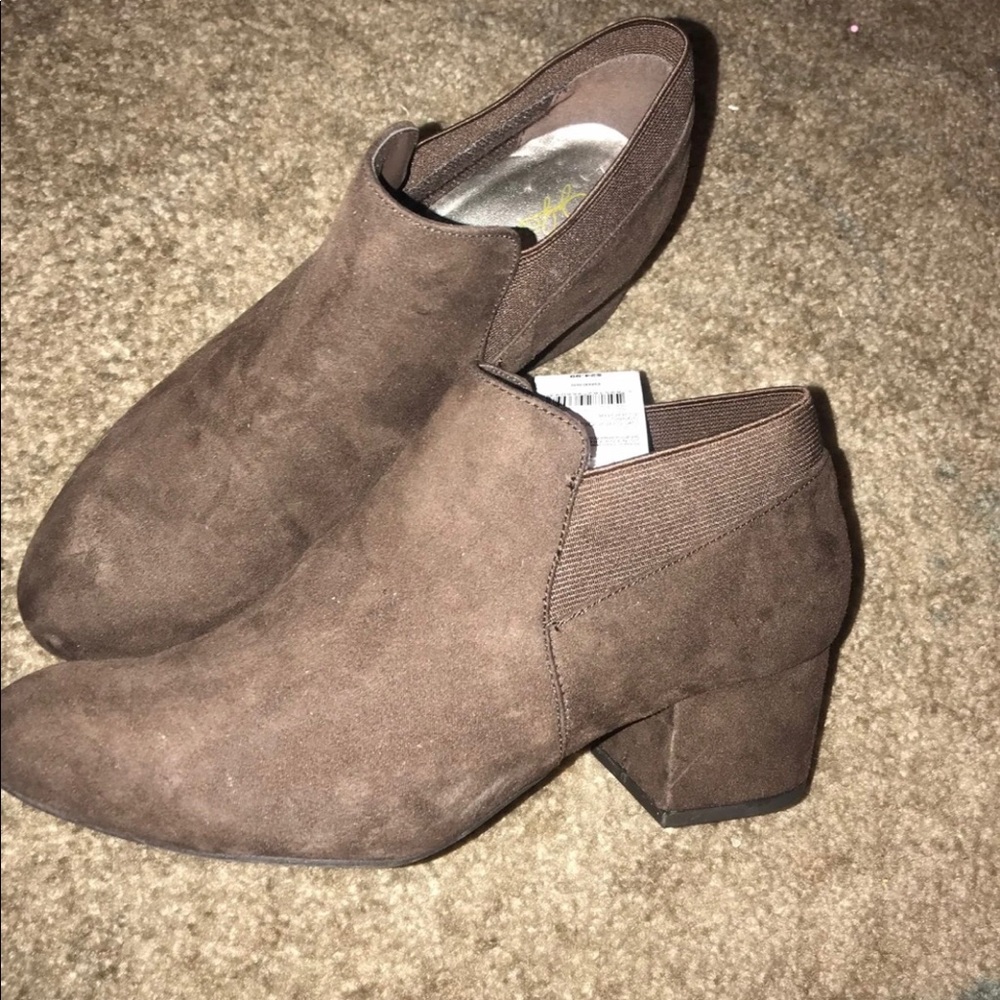 Brown suede booties.